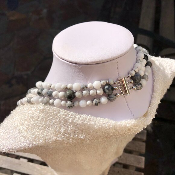 Three-strand natural stone & sterling silver beaded necklace (white/grey) - Picture 3 of 9